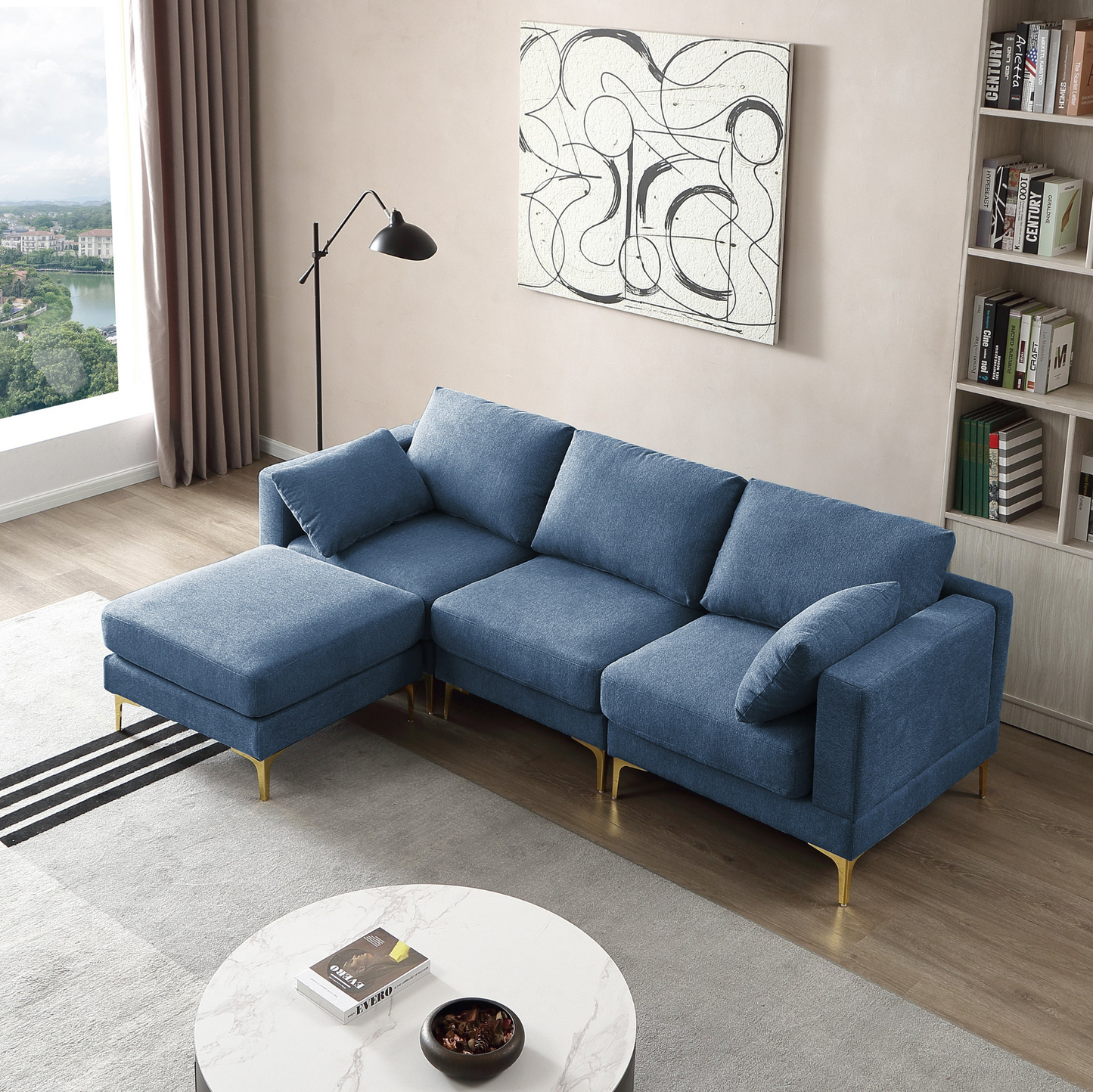 Sofa & Chair sets | Living Room Furniture Modern Leisure L Shape Couch Blue Fabric | casafoyer.myshopify.com