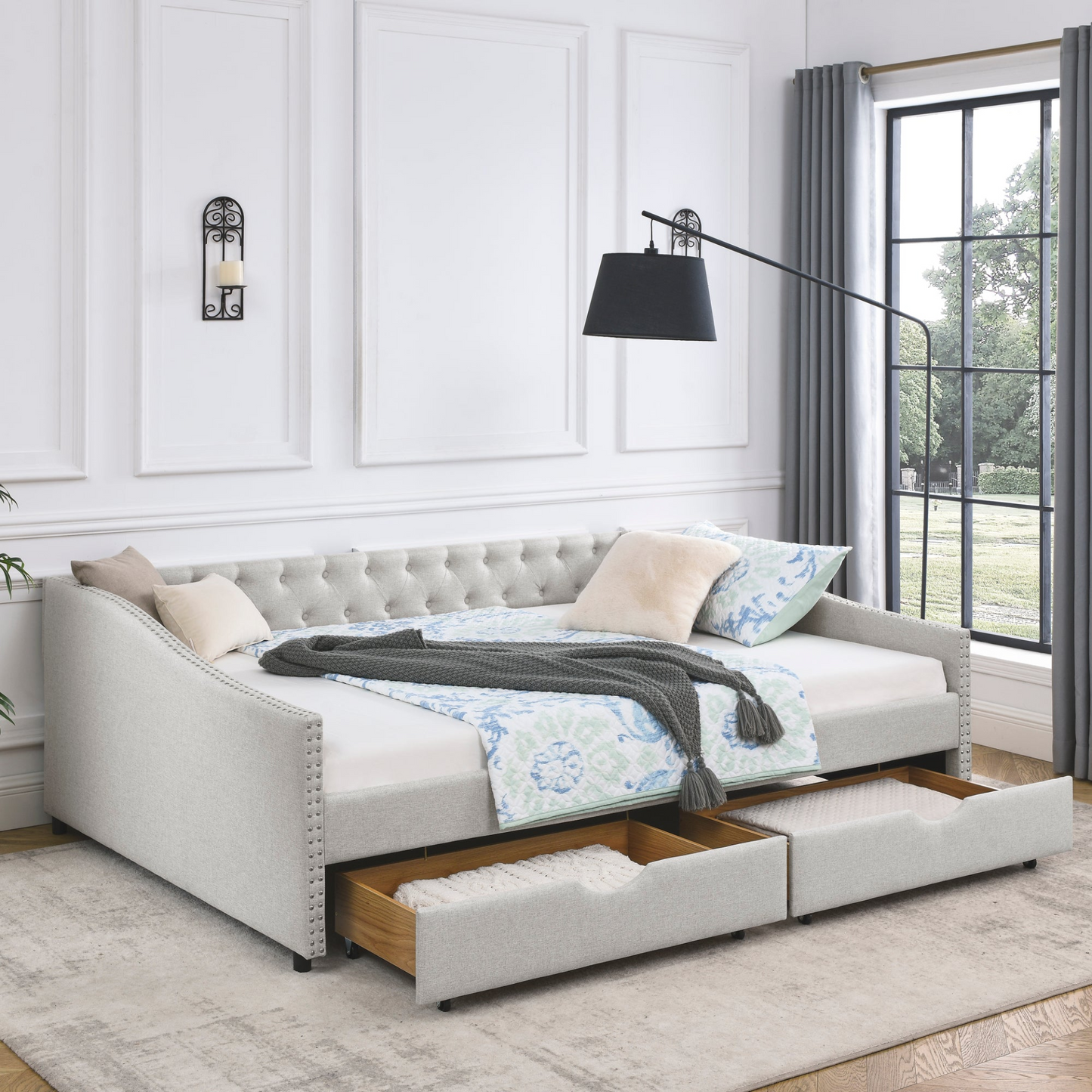 Patio Furntiure Sets | Queen Size Daybed with Drawers Upholstered Tufted Sofa Bed, Beige | casafoyer.myshopify.com