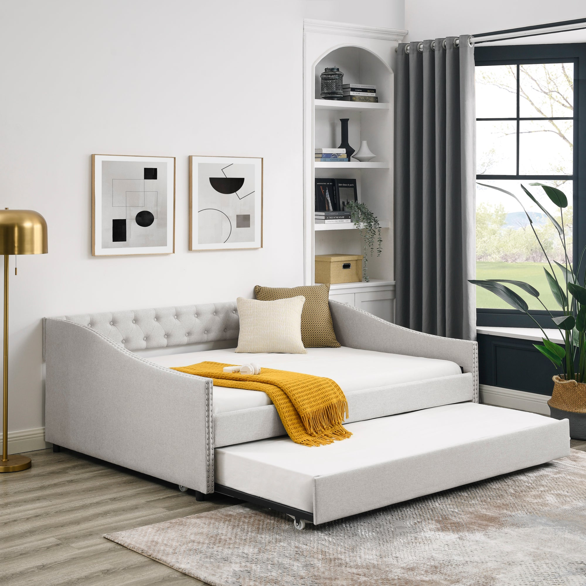 Patio Furntiure Sets | Full Size Daybed with Twin Size Trundle Upholstered Tufted Sofa Bed, with Button on Back and Copper Nail on Waved Shape Arms,Beige (80.5x55.5x27.5) | casafoyer.myshopify.com