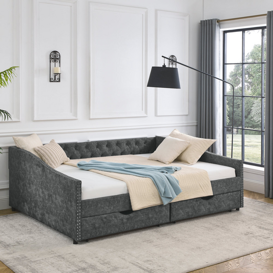 Patio Furntiure Sets | Queen Size Daybed with Drawers Upholstered Tufted Sofa Bed,,with Button on Back and Copper Nail on Waved Shape Arms, Grey (84.5inchx63.5inchx26.5inch) | casafoyer.myshopify.com