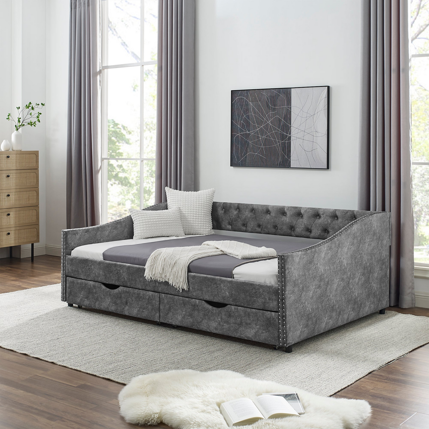 Patio Furntiure Sets | Full Size Daybed with Drawers Upholstered Tufted Sofa Bed - Grey | casafoyer.myshopify.com