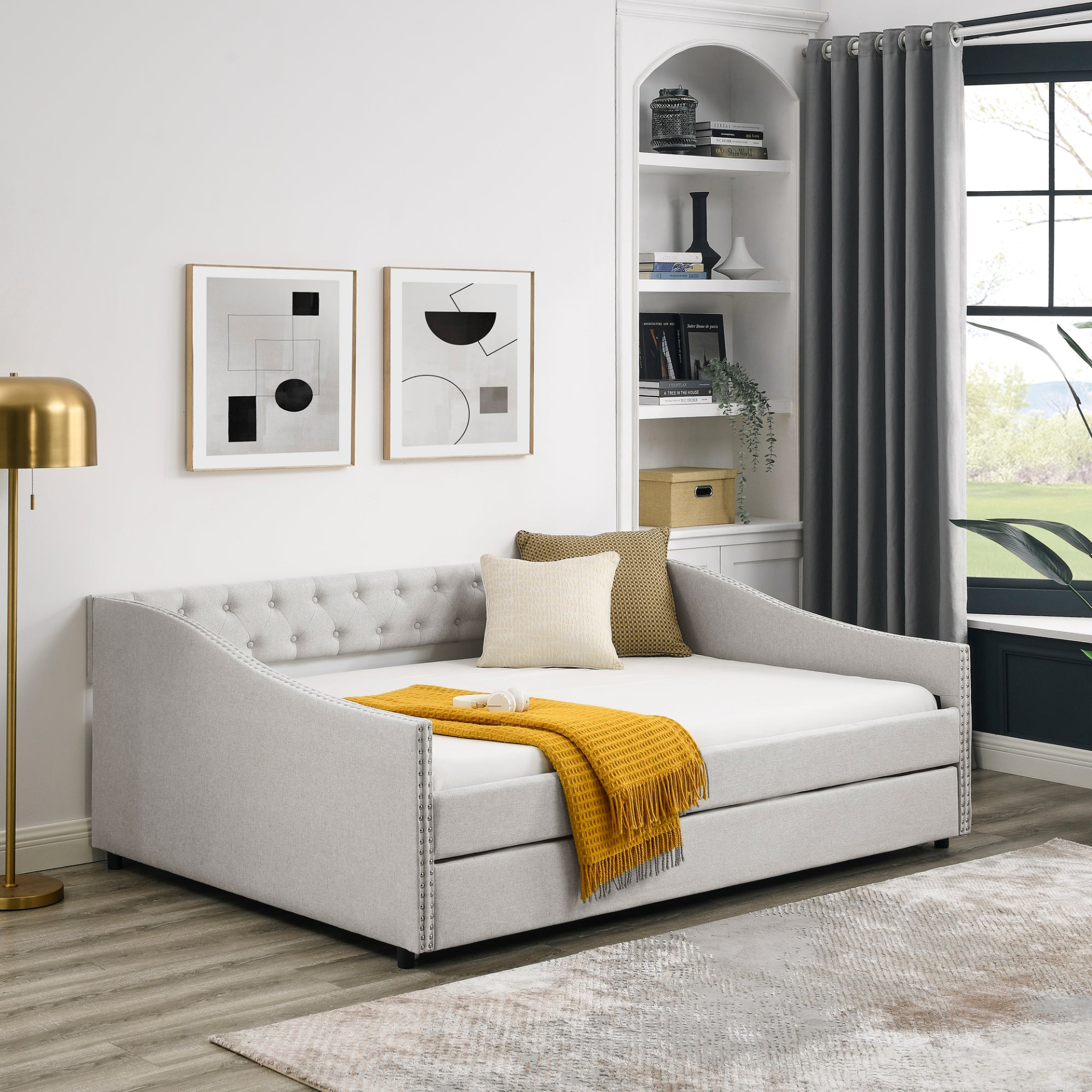 Patio Furntiure Sets | Full Size Daybed with Twin Size Trundle Upholstered Tufted Sofa Bed, with Button on Back and Copper Nail on Waved Shape Arms,Beige (80.5x55.5x27.5) | casafoyer.myshopify.com