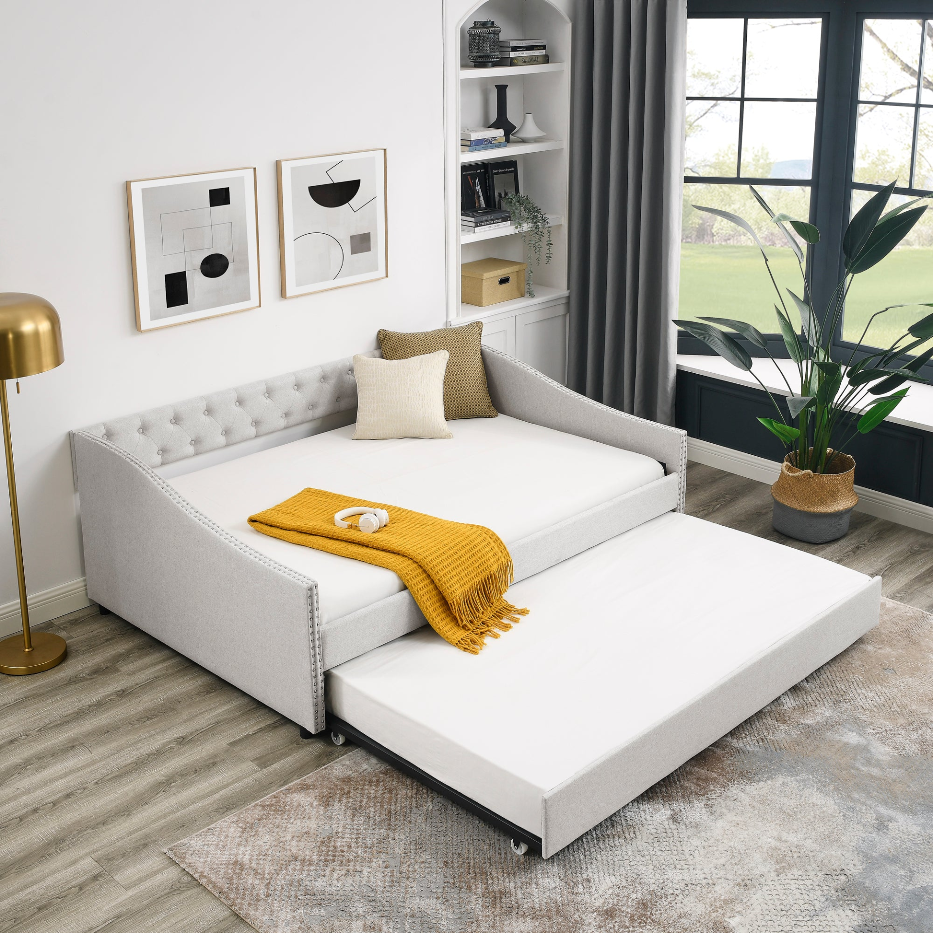 Patio Furntiure Sets | Full Size Daybed with Twin Size Trundle Upholstered Tufted Sofa Bed, with Button on Back and Copper Nail on Waved Shape Arms,Beige (80.5x55.5x27.5) | casafoyer.myshopify.com