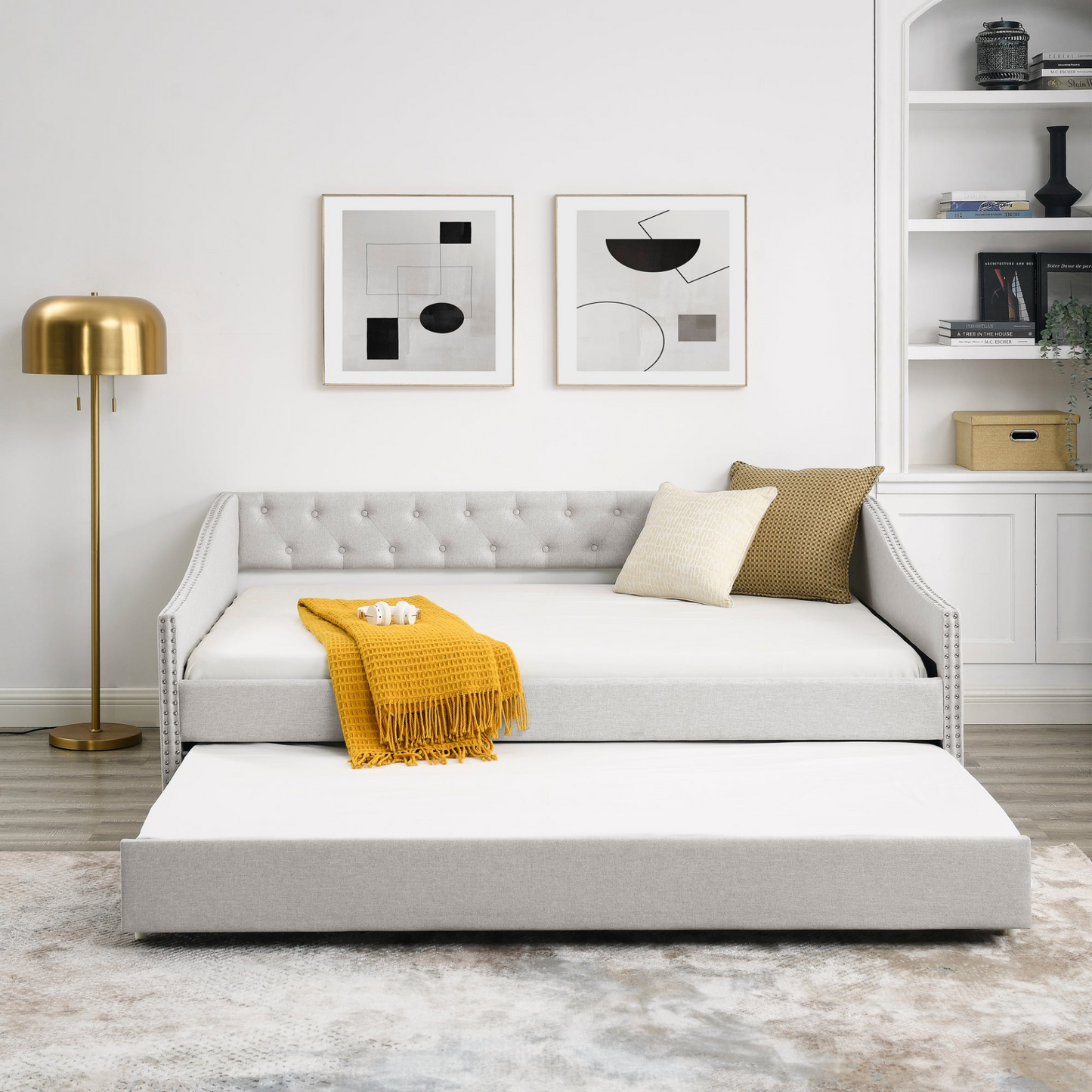 Patio Furntiure Sets | Full Size Daybed with Twin Size Trundle Upholstered Tufted Sofa Bed, with Button on Back and Copper Nail on Waved Shape Arms,Beige (80.5x55.5x27.5) | casafoyer.myshopify.com