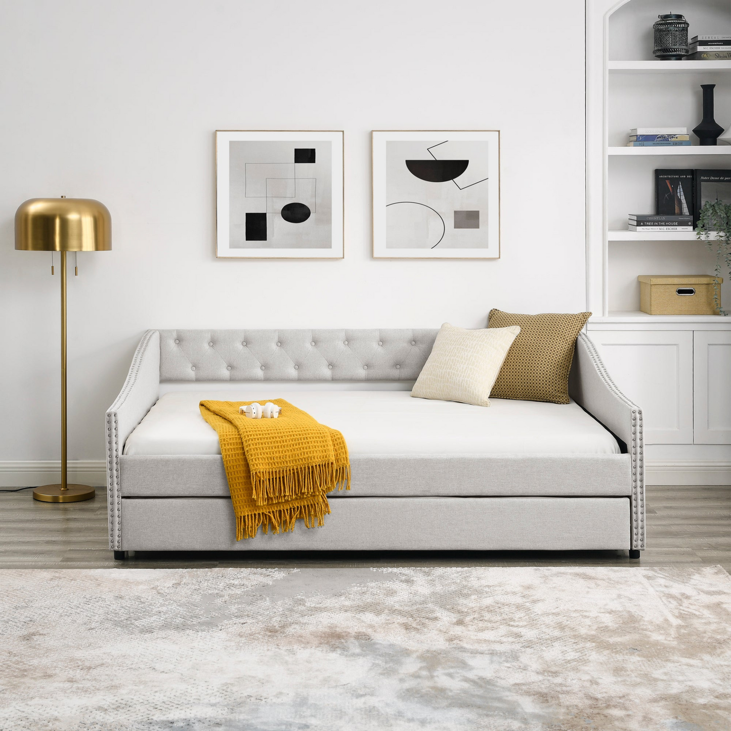 Patio Furntiure Sets | Full Size Daybed with Twin Size Trundle Upholstered Tufted Sofa Bed, with Button on Back and Copper Nail on Waved Shape Arms,Beige (80.5x55.5x27.5) | casafoyer.myshopify.com