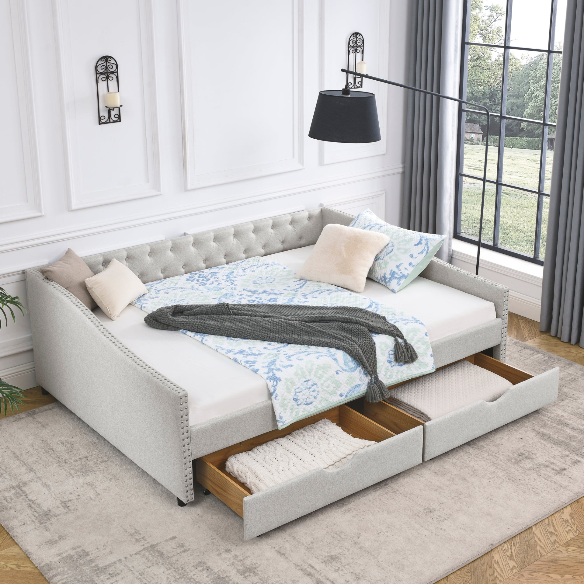 Patio Furntiure Sets | Queen Size Daybed with Drawers Upholstered Tufted Sofa Bed, Beige | casafoyer.myshopify.com