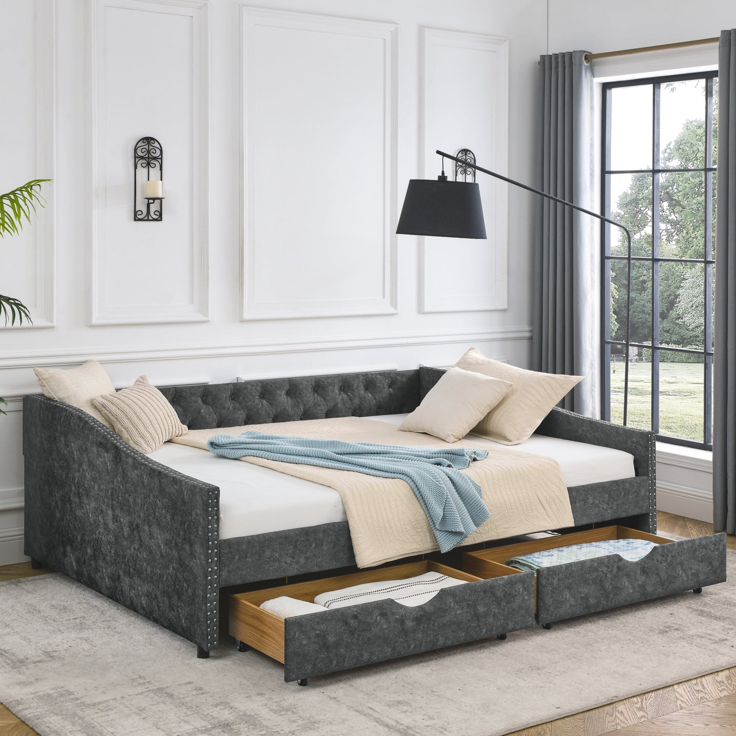 Patio Furntiure Sets | Queen Size Daybed with Drawers Upholstered Tufted Sofa Bed,,with Button on Back and Copper Nail on Waved Shape Arms, Grey (84.5inchx63.5inchx26.5inch) | casafoyer.myshopify.com