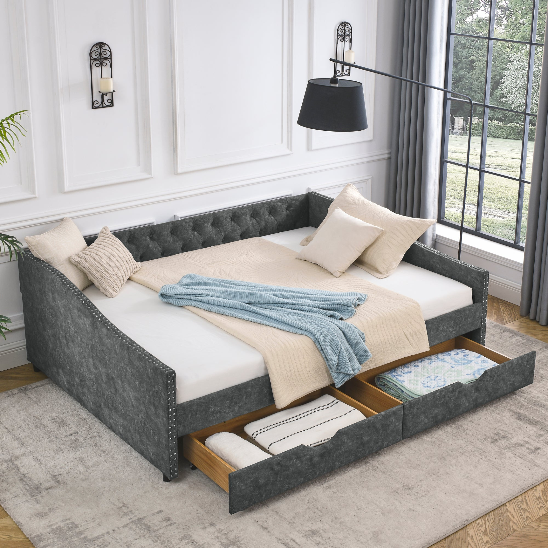 Patio Furntiure Sets | Queen Size Daybed with Drawers Upholstered Tufted Sofa Bed,,with Button on Back and Copper Nail on Waved Shape Arms, Grey (84.5inchx63.5inchx26.5inch) | casafoyer.myshopify.com