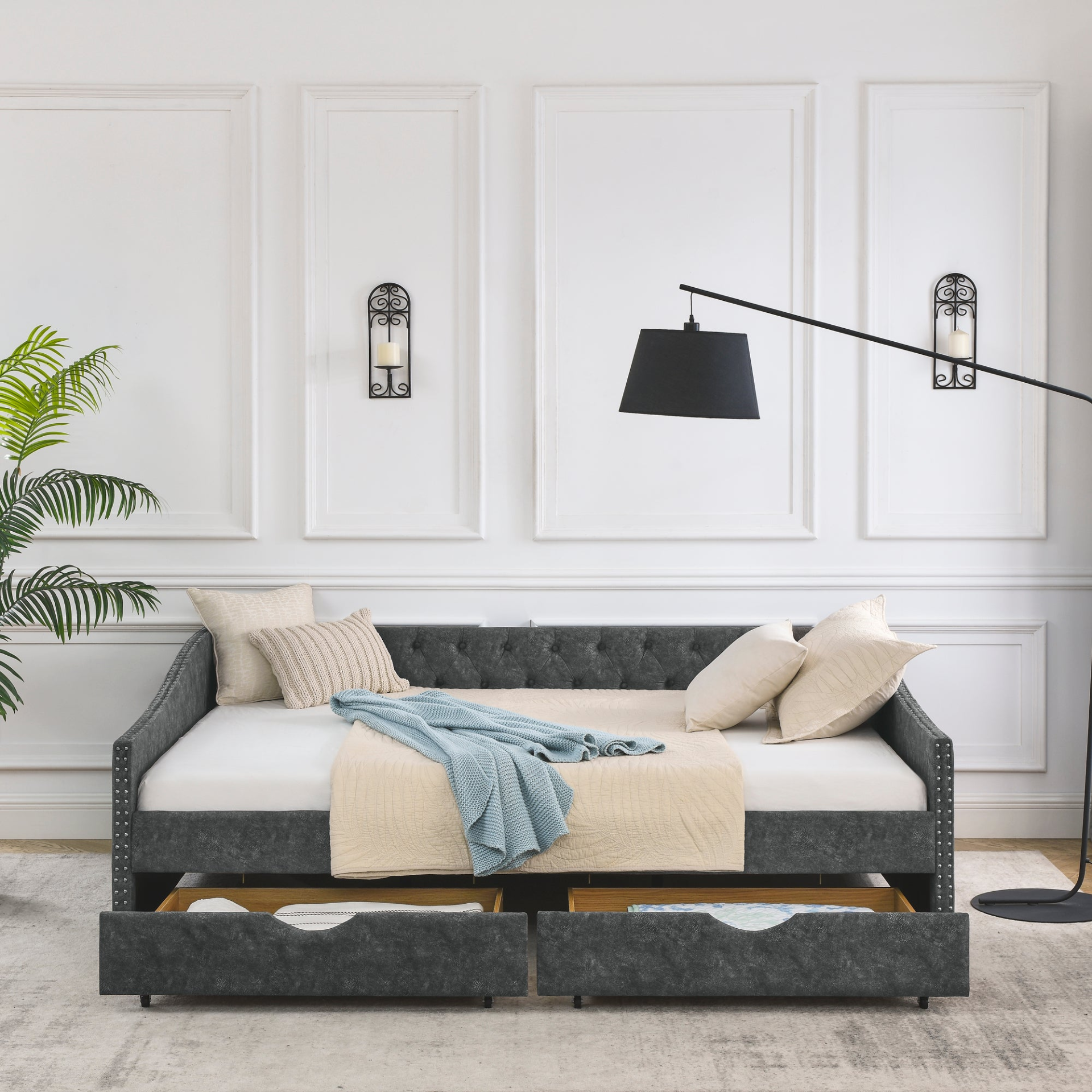 Patio Furntiure Sets | Queen Size Daybed with Drawers Upholstered Tufted Sofa Bed,,with Button on Back and Copper Nail on Waved Shape Arms, Grey (84.5inchx63.5inchx26.5inch) | casafoyer.myshopify.com