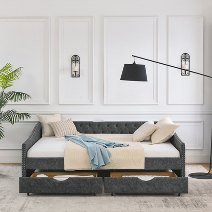 Patio Furntiure Sets | Queen Size Daybed with Drawers Upholstered Tufted Sofa Bed,,with Button on Back and Copper Nail on Waved Shape Arms, Grey (84.5inchx63.5inchx26.5inch) | casafoyer.myshopify.com