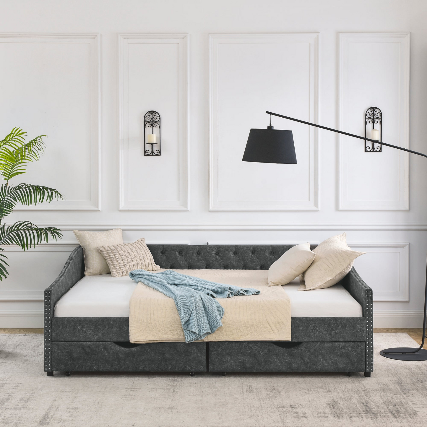 Patio Furntiure Sets | Queen Size Daybed with Drawers Upholstered Tufted Sofa Bed,,with Button on Back and Copper Nail on Waved Shape Arms, Grey (84.5inchx63.5inchx26.5inch) | casafoyer.myshopify.com