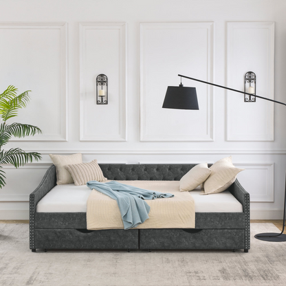 Patio Furntiure Sets | Queen Size Daybed with Drawers Upholstered Tufted Sofa Bed,,with Button on Back and Copper Nail on Waved Shape Arms, Grey (84.5inchx63.5inchx26.5inch) | casafoyer.myshopify.com