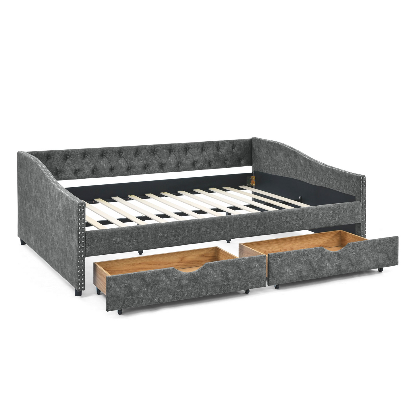 Patio Furntiure Sets | Queen Size Daybed with Drawers Upholstered Tufted Sofa Bed,,with Button on Back and Copper Nail on Waved Shape Arms, Grey (84.5inchx63.5inchx26.5inch) | casafoyer.myshopify.com