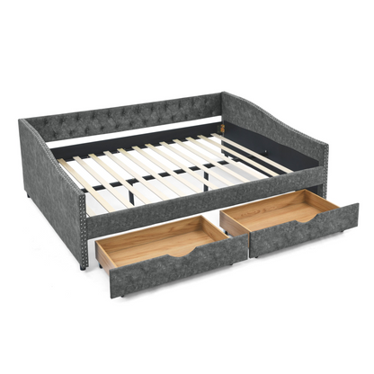 Patio Furntiure Sets | Queen Size Daybed with Drawers Upholstered Tufted Sofa Bed,,with Button on Back and Copper Nail on Waved Shape Arms, Grey (84.5inchx63.5inchx26.5inch) | casafoyer.myshopify.com
