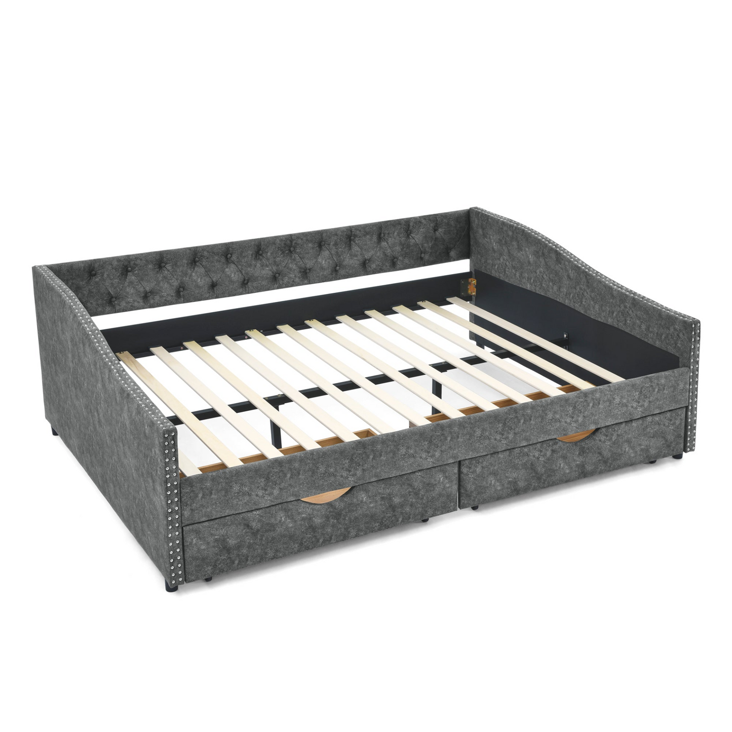 Patio Furntiure Sets | Queen Size Daybed with Drawers Upholstered Tufted Sofa Bed,,with Button on Back and Copper Nail on Waved Shape Arms, Grey (84.5inchx63.5inchx26.5inch) | casafoyer.myshopify.com