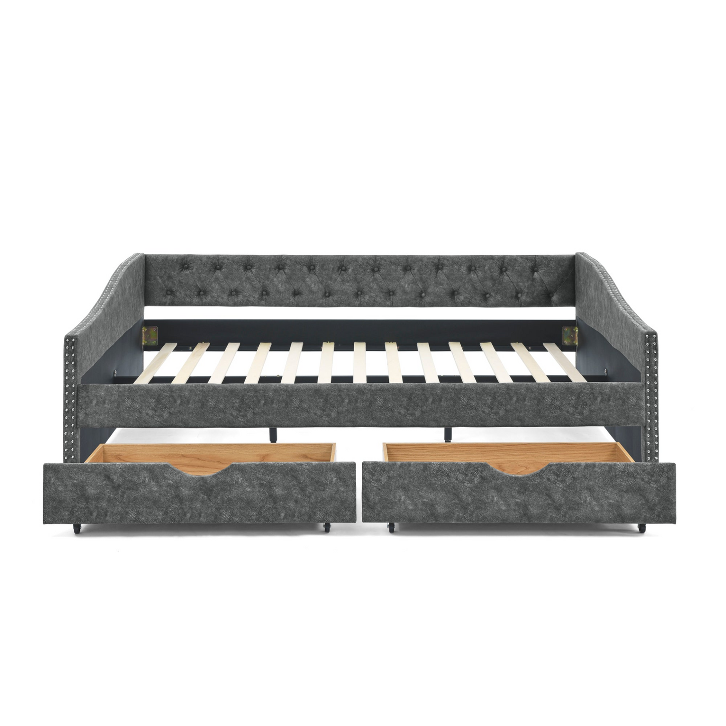 Patio Furntiure Sets | Queen Size Daybed with Drawers Upholstered Tufted Sofa Bed,,with Button on Back and Copper Nail on Waved Shape Arms, Grey (84.5inchx63.5inchx26.5inch) | casafoyer.myshopify.com