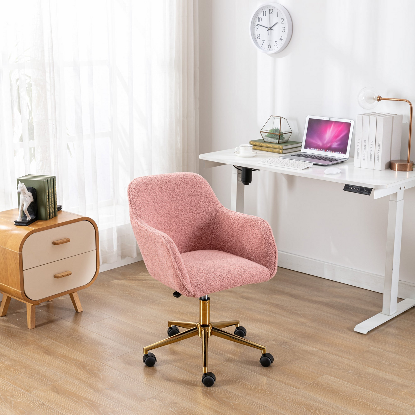 Sofa & Chair sets | Modern Teddy Fabric Material Adjustable Height 360 Revolving Home Office Chair With Gold Metal Legs And Universal Wheel For Indoor,Pink | casafoyer.myshopify.com