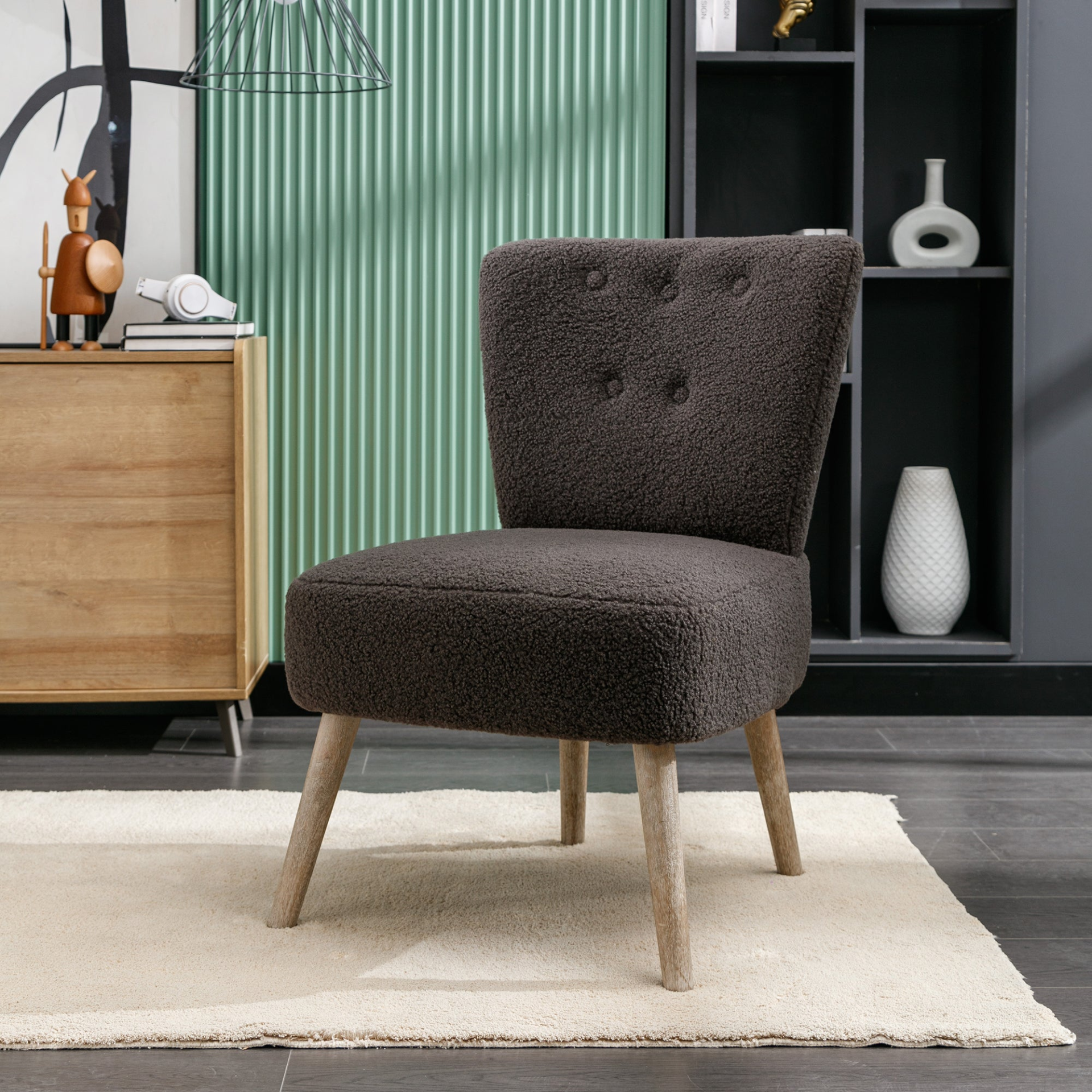 Sofa & Chair sets | Teddy Fabric Button Accent Slipper Chair With Wooden Legs For Dining Room Living Room Bedroom,Dark Gray | casafoyer.myshopify.com