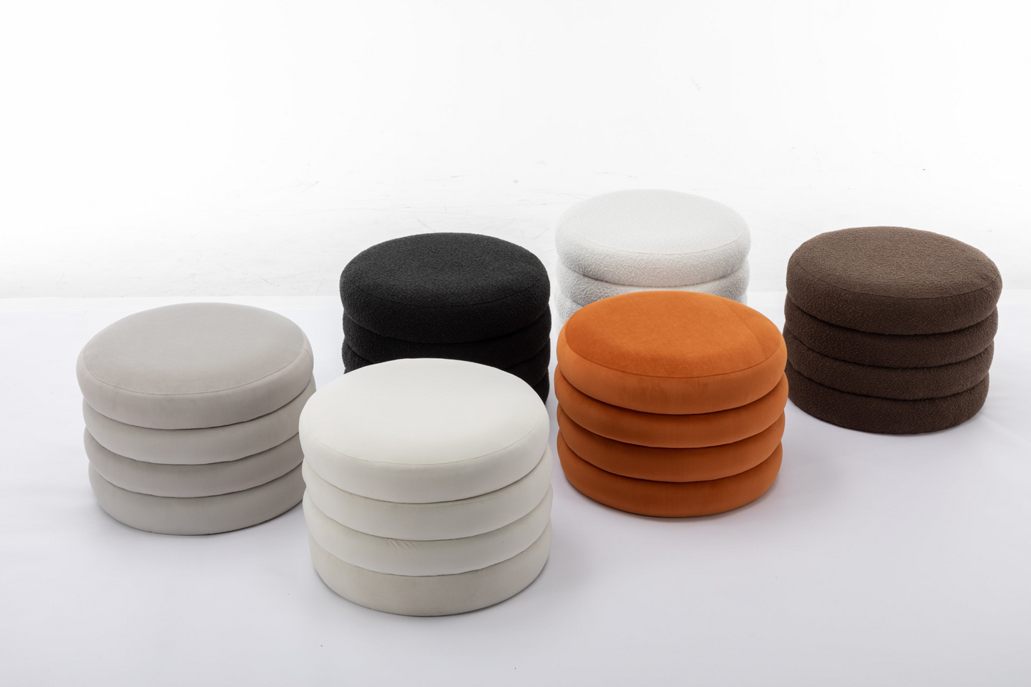 [product_type] | 007-Velvet Fabric Storage Round Ottoman Footstool With Wooden Shelving, Ivory | casafoyer.myshopify.com