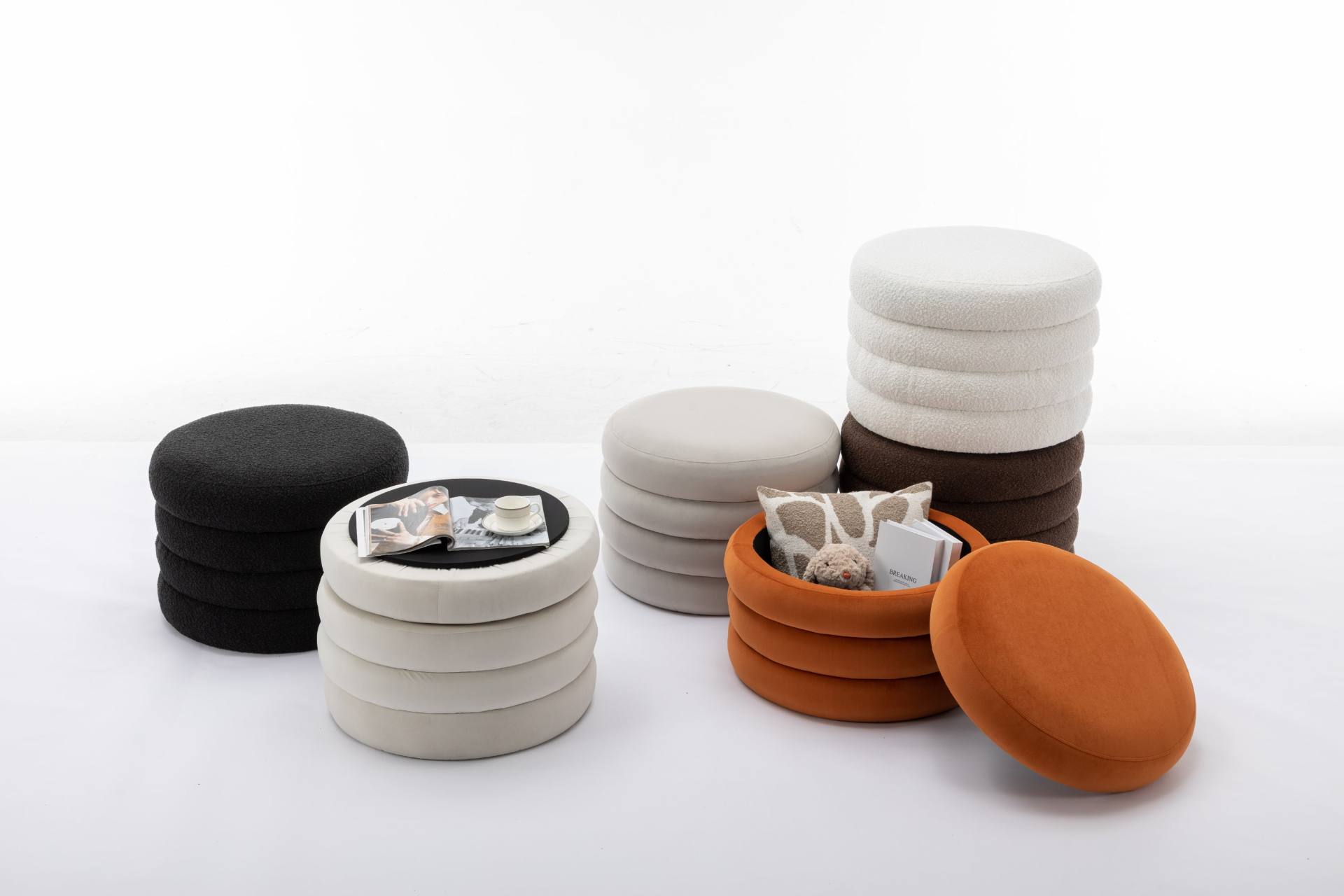 [product_type] | 007-Velvet Fabric Storage Round Ottoman Footstool With Wooden Shelving, Ivory | casafoyer.myshopify.com