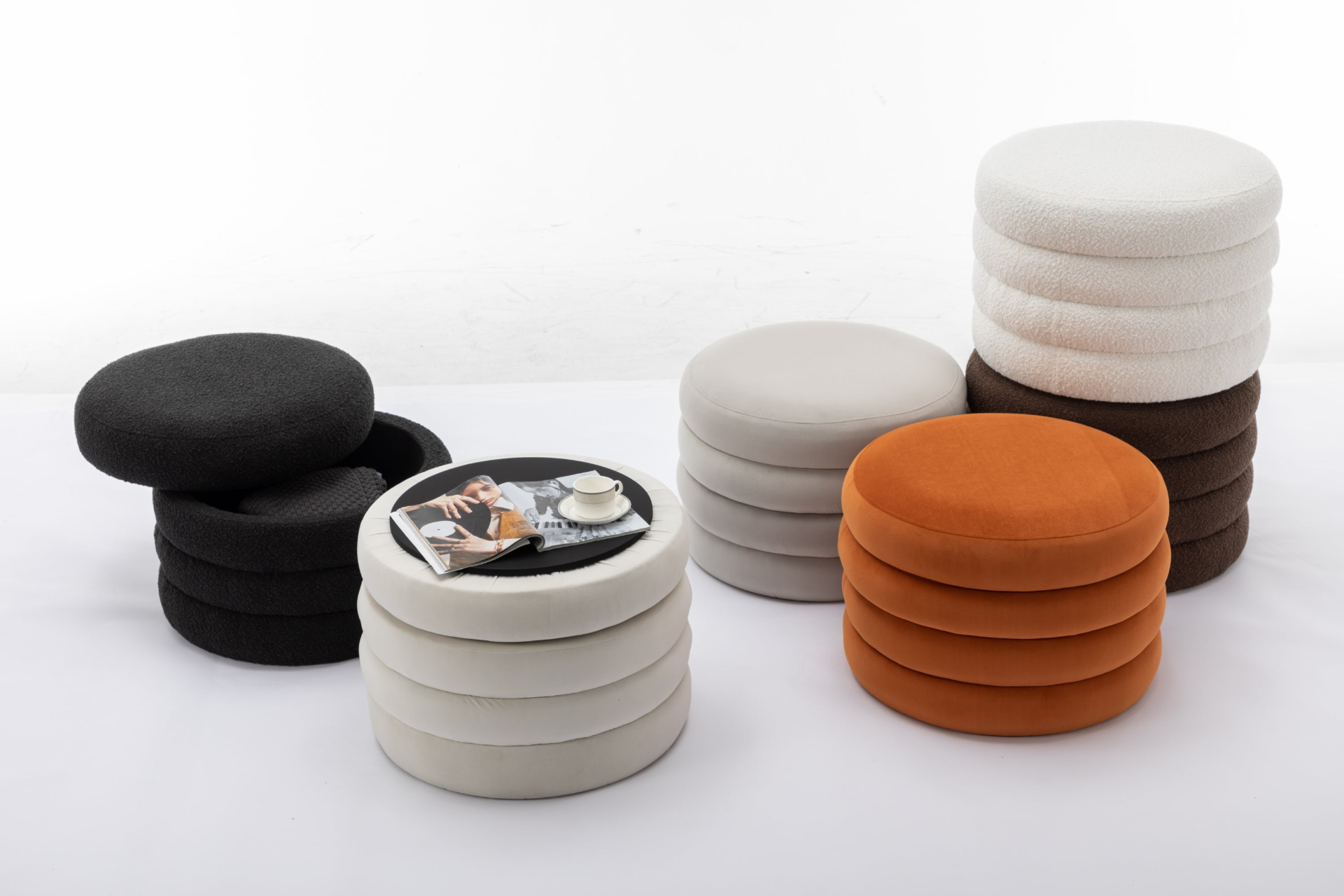 [product_type] | 007-Velvet Fabric Storage Round Ottoman Footstool With Wooden Shelving, Ivory | casafoyer.myshopify.com