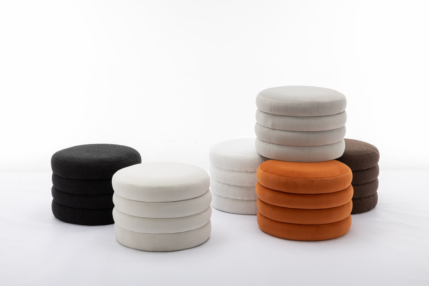 [product_type] | 007-Velvet Fabric Storage Round Ottoman Footstool With Wooden Shelving, Ivory | casafoyer.myshopify.com