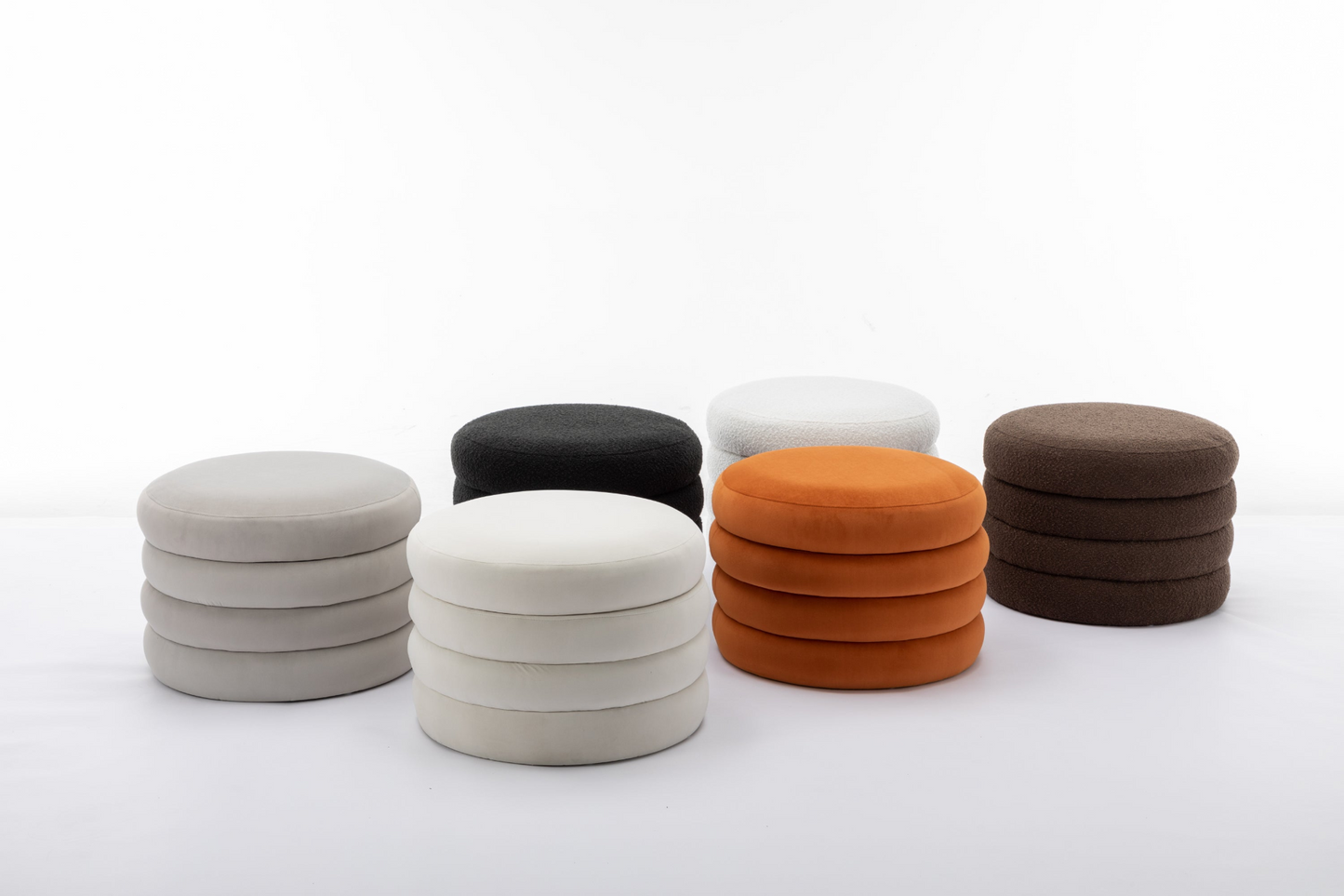 [product_type] | 007-Velvet Fabric Storage Round Ottoman Footstool With Wooden Shelving, Ivory | casafoyer.myshopify.com