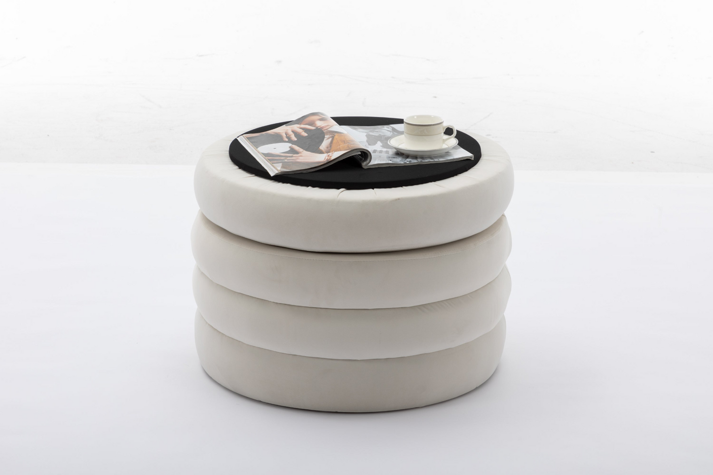 [product_type] | 007-Velvet Fabric Storage Round Ottoman Footstool With Wooden Shelving, Ivory | casafoyer.myshopify.com