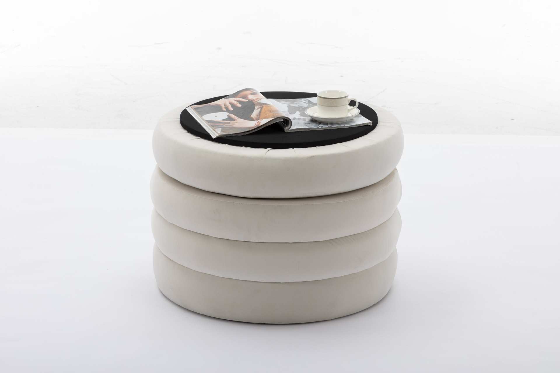 [product_type] | 007-Velvet Fabric Storage Round Ottoman Footstool With Wooden Shelving, Ivory | casafoyer.myshopify.com