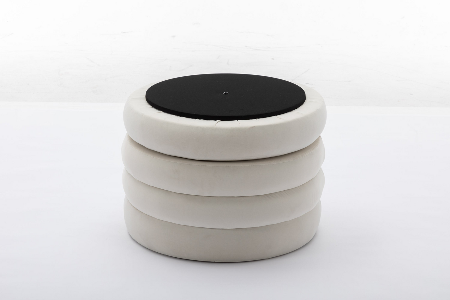 [product_type] | 007-Velvet Fabric Storage Round Ottoman Footstool With Wooden Shelving, Ivory | casafoyer.myshopify.com