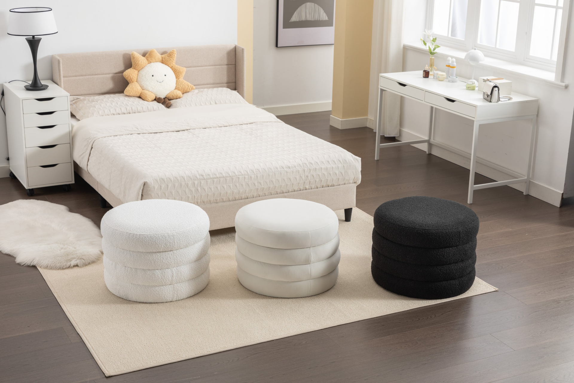 [product_type] | 007-Velvet Fabric Storage Round Ottoman Footstool With Wooden Shelving, Ivory | casafoyer.myshopify.com