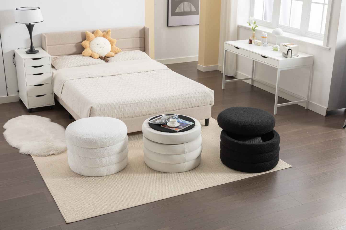 [product_type] | 007-Velvet Fabric Storage Round Ottoman Footstool With Wooden Shelving, Ivory | casafoyer.myshopify.com