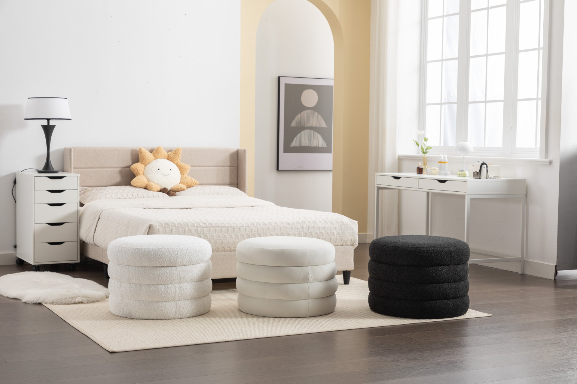 [product_type] | 007-Velvet Fabric Storage Round Ottoman Footstool With Wooden Shelving, Ivory | casafoyer.myshopify.com