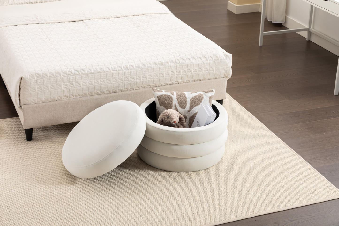 [product_type] | 007-Velvet Fabric Storage Round Ottoman Footstool With Wooden Shelving, Ivory | casafoyer.myshopify.com