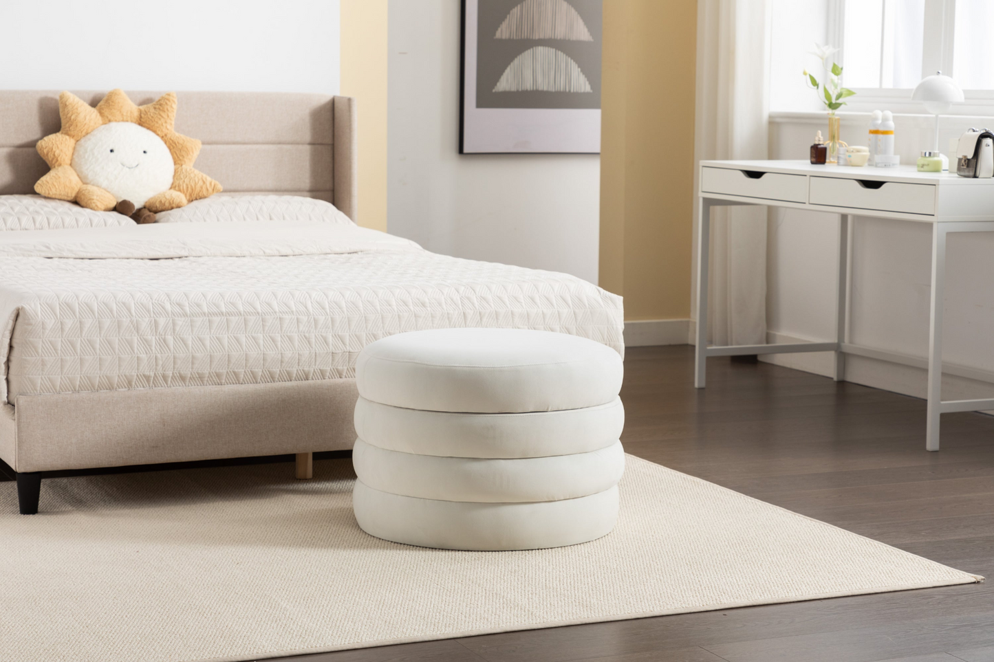 [product_type] | 007-Velvet Fabric Storage Round Ottoman Footstool With Wooden Shelving, Ivory | casafoyer.myshopify.com