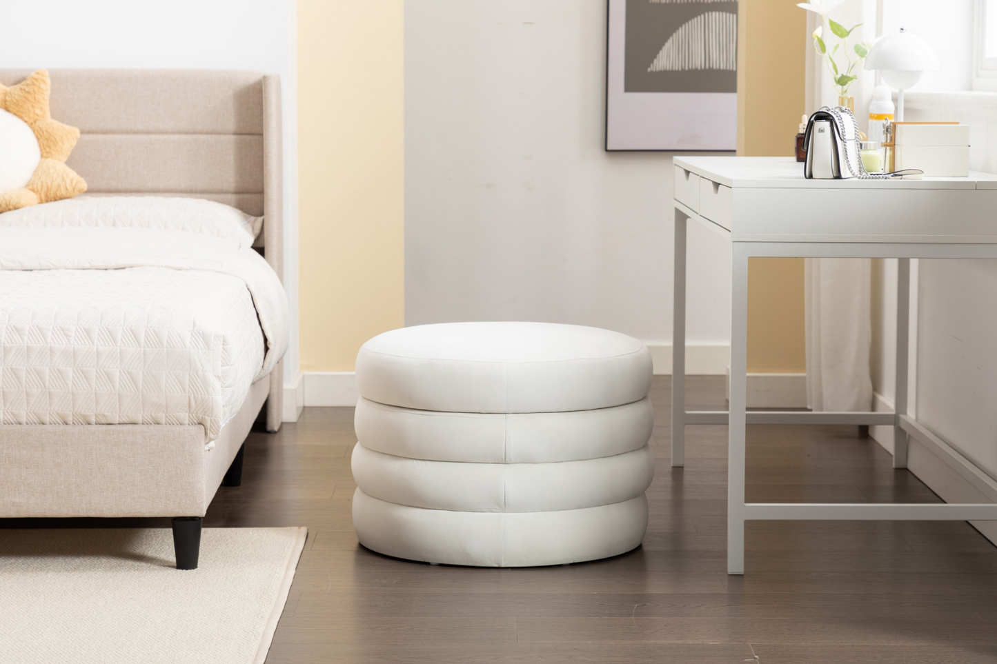 [product_type] | 007-Velvet Fabric Storage Round Ottoman Footstool With Wooden Shelving, Ivory | casafoyer.myshopify.com