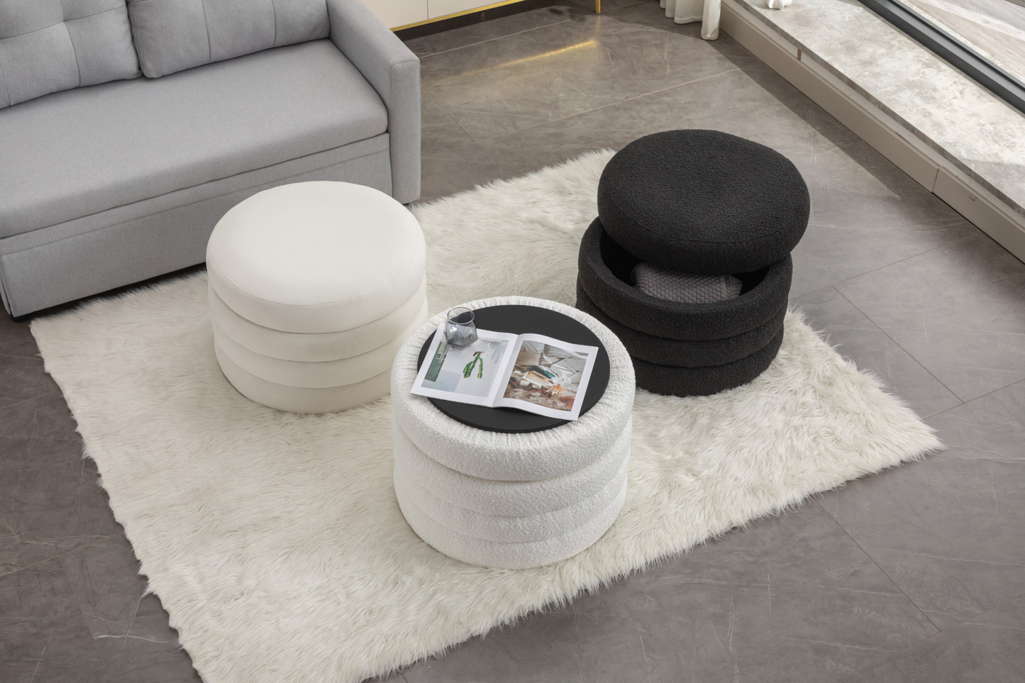 [product_type] | 007-Velvet Fabric Storage Round Ottoman Footstool With Wooden Shelving, Ivory | casafoyer.myshopify.com