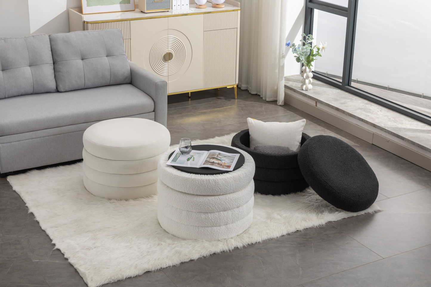 [product_type] | 007-Velvet Fabric Storage Round Ottoman Footstool With Wooden Shelving, Ivory | casafoyer.myshopify.com