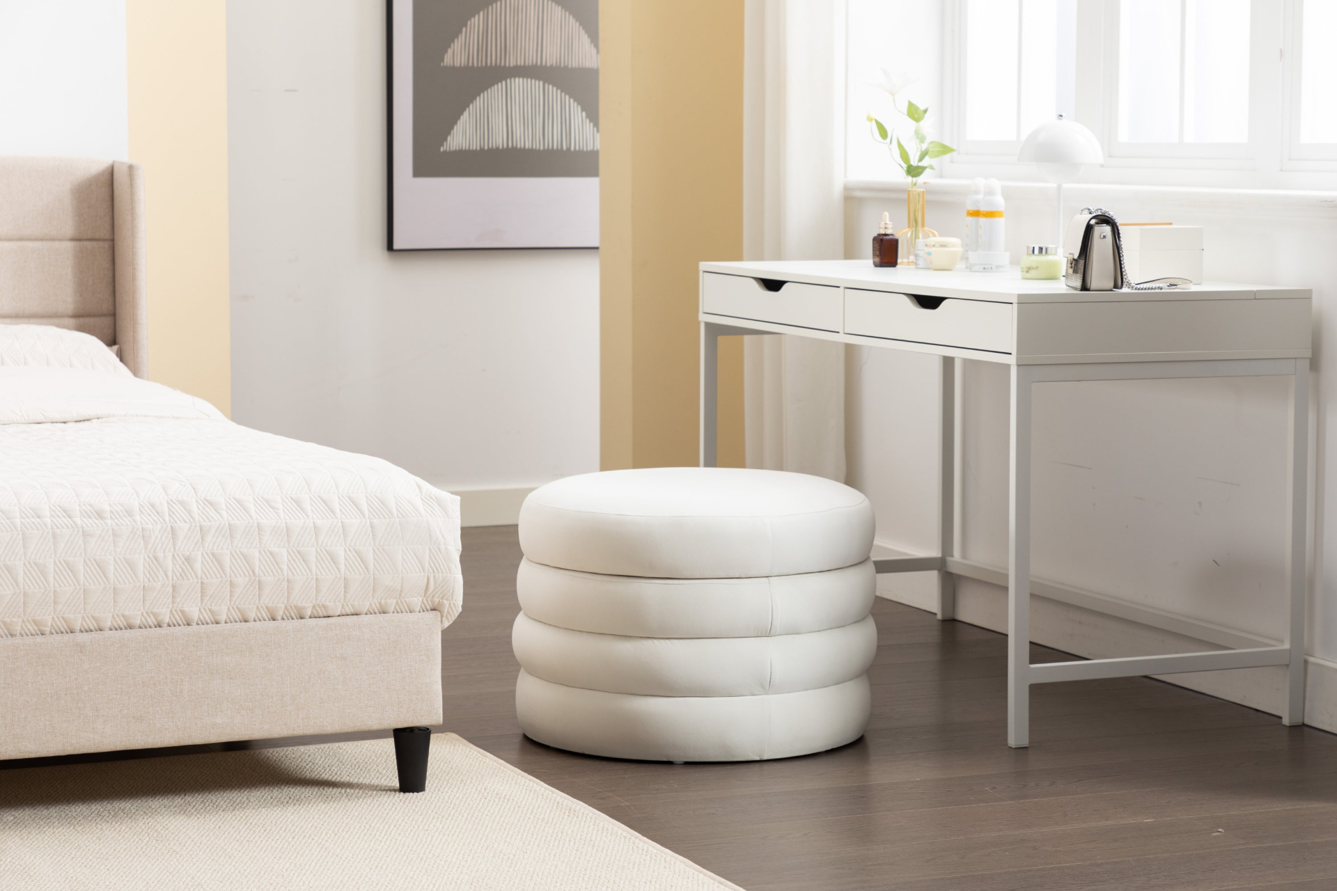 [product_type] | 007-Velvet Fabric Storage Round Ottoman Footstool With Wooden Shelving, Ivory | casafoyer.myshopify.com