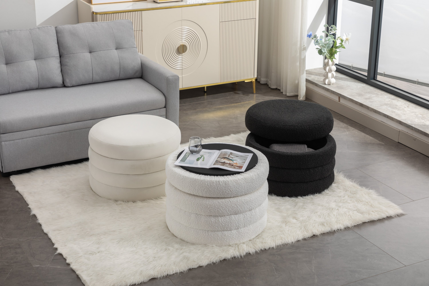 [product_type] | 007-Velvet Fabric Storage Round Ottoman Footstool With Wooden Shelving, Ivory | casafoyer.myshopify.com