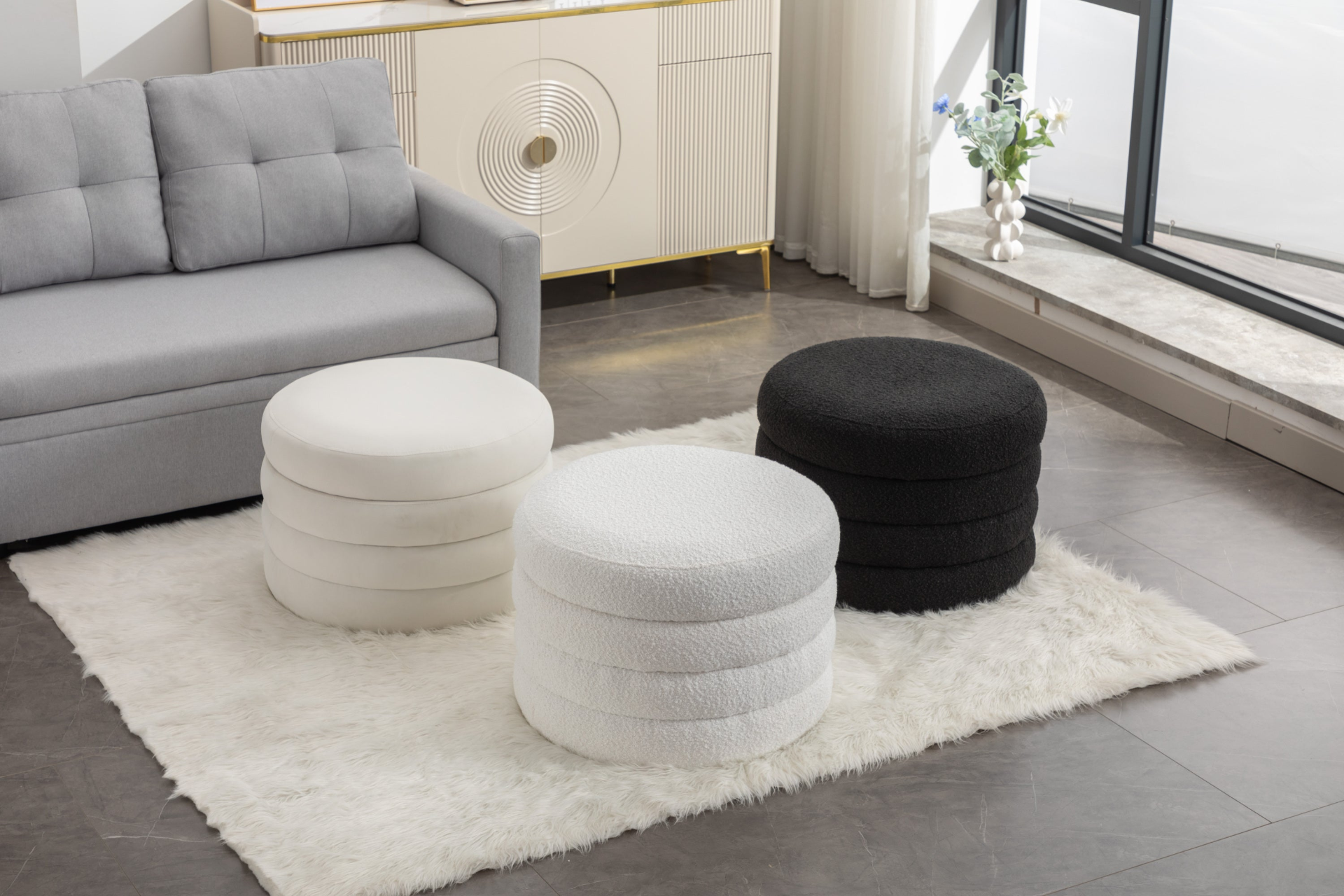 [product_type] | 007-Velvet Fabric Storage Round Ottoman Footstool With Wooden Shelving, Ivory | casafoyer.myshopify.com