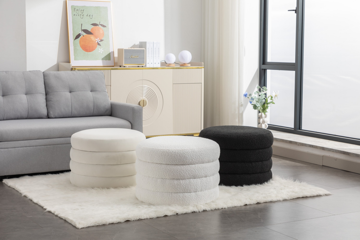 [product_type] | 007-Velvet Fabric Storage Round Ottoman Footstool With Wooden Shelving, Ivory | casafoyer.myshopify.com