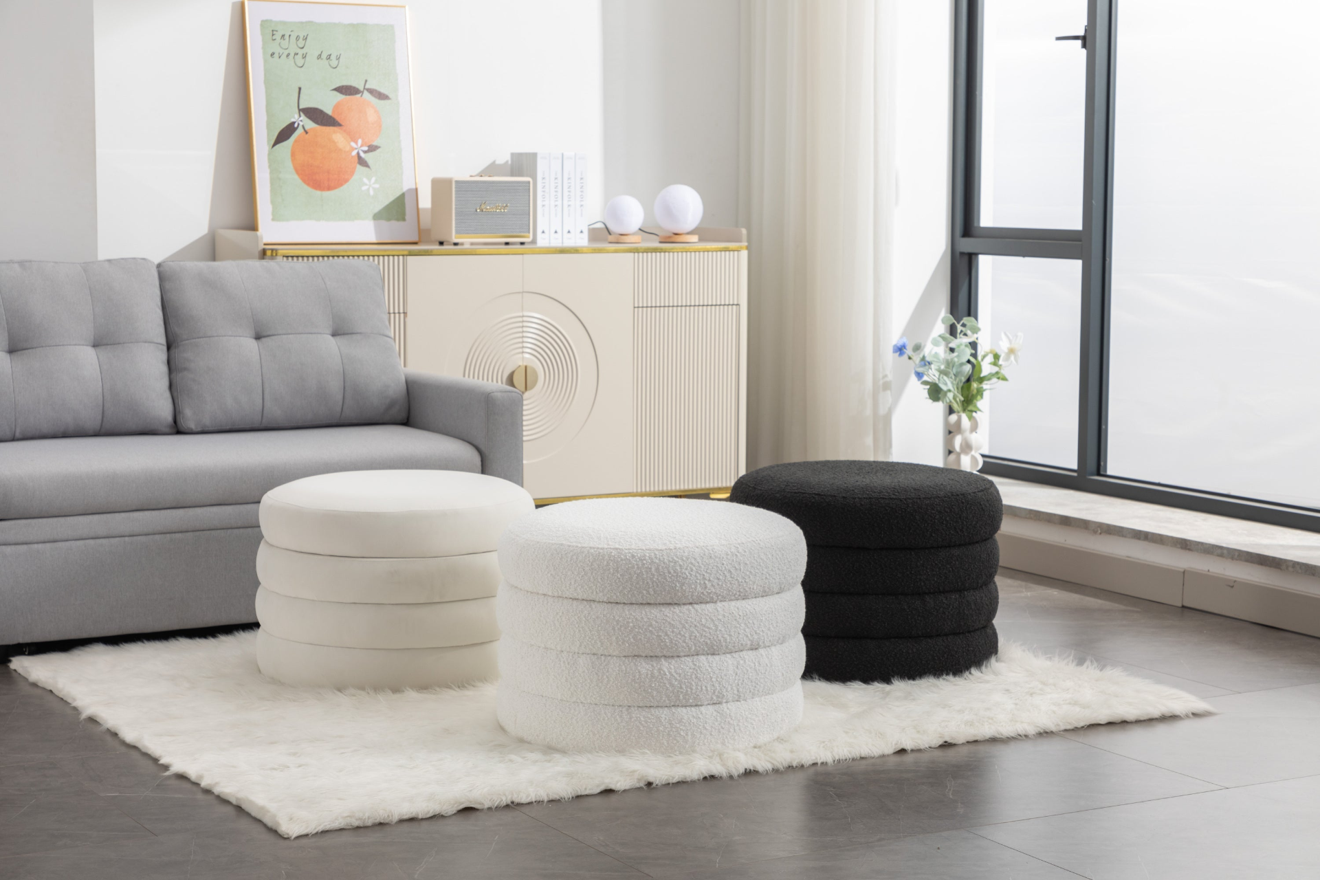 [product_type] | 007-Velvet Fabric Storage Round Ottoman Footstool With Wooden Shelving, Ivory | casafoyer.myshopify.com