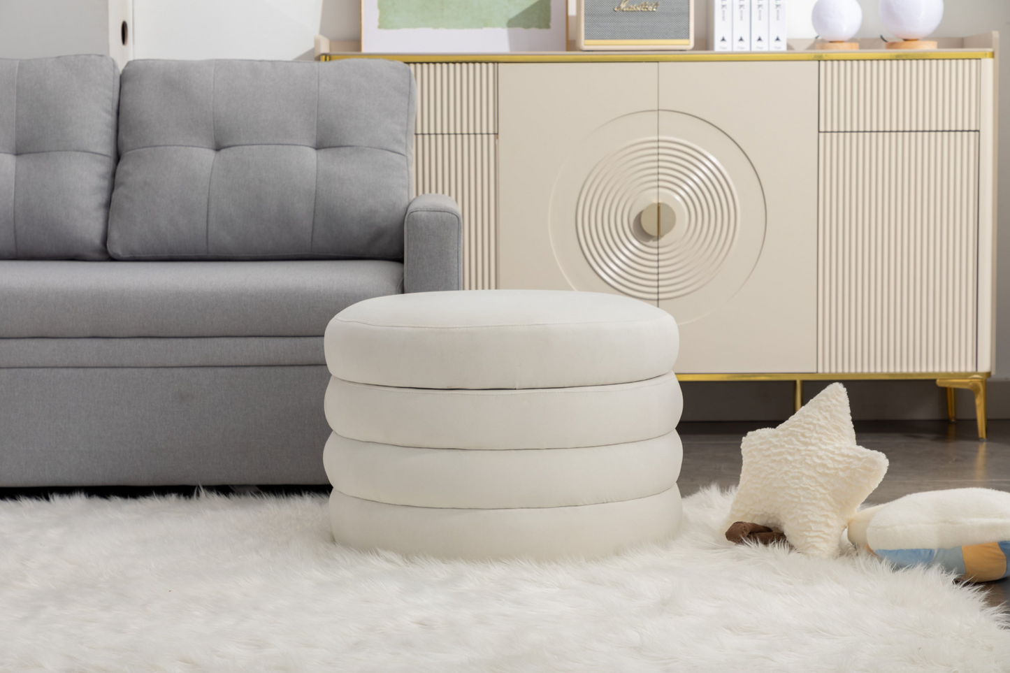 [product_type] | 007-Velvet Fabric Storage Round Ottoman Footstool With Wooden Shelving, Ivory | casafoyer.myshopify.com