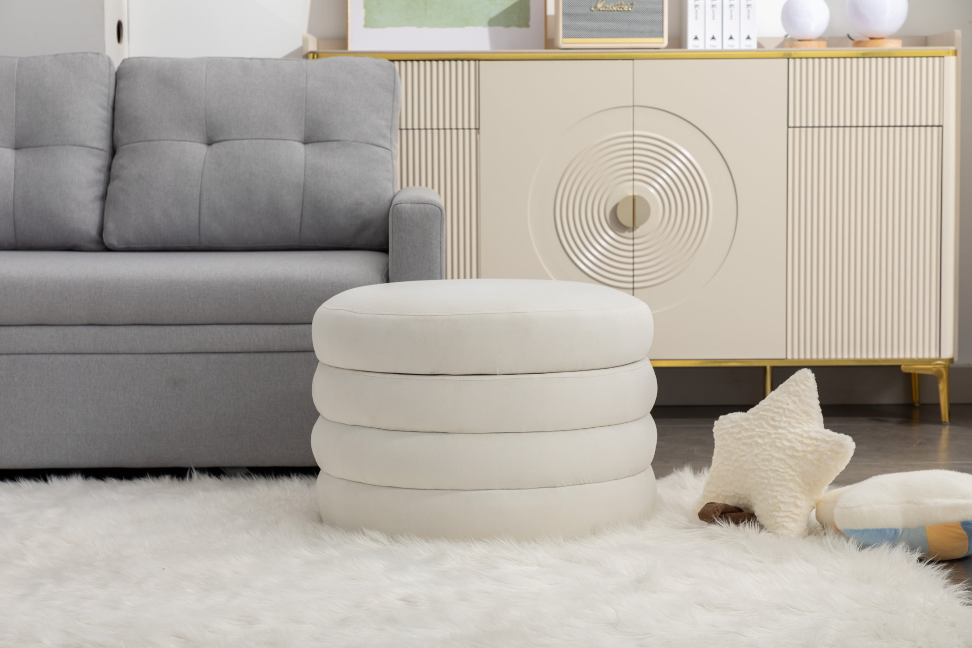 [product_type] | 007-Velvet Fabric Storage Round Ottoman Footstool With Wooden Shelving, Ivory | casafoyer.myshopify.com