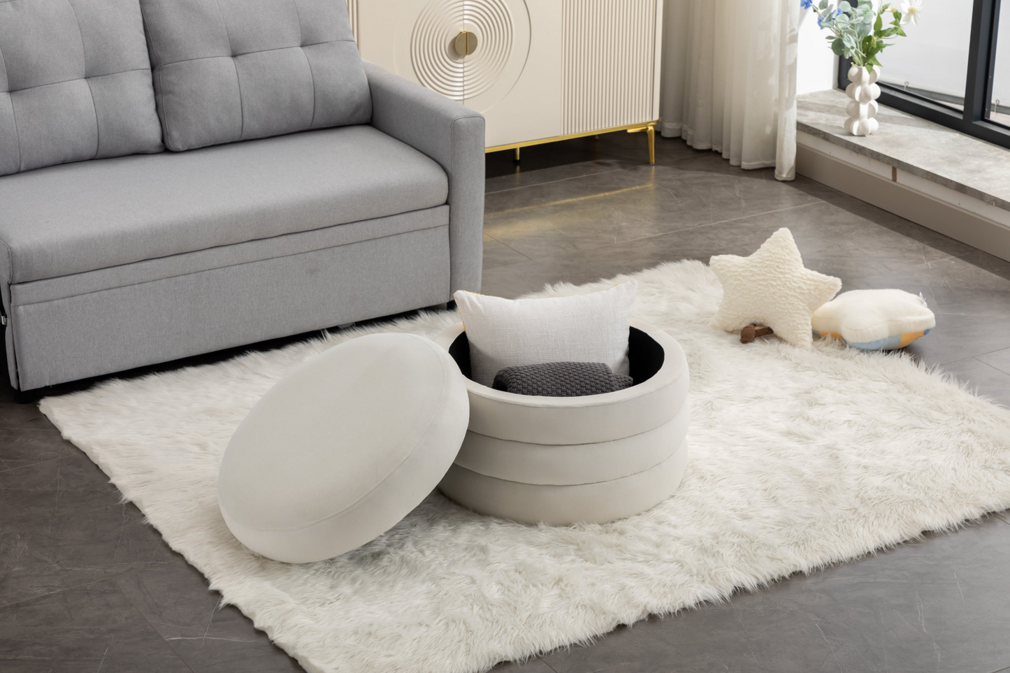 [product_type] | 007-Velvet Fabric Storage Round Ottoman Footstool With Wooden Shelving, Ivory | casafoyer.myshopify.com