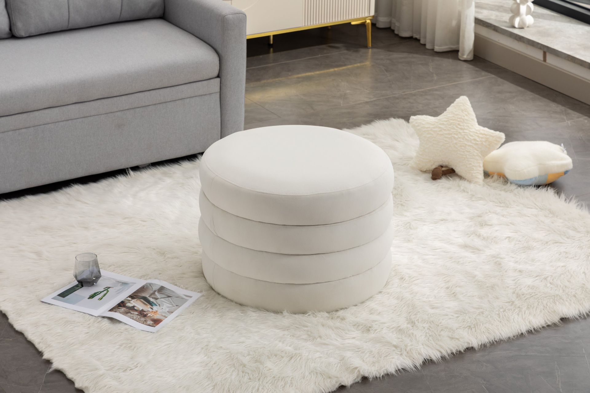 [product_type] | 007-Velvet Fabric Storage Round Ottoman Footstool With Wooden Shelving, Ivory | casafoyer.myshopify.com