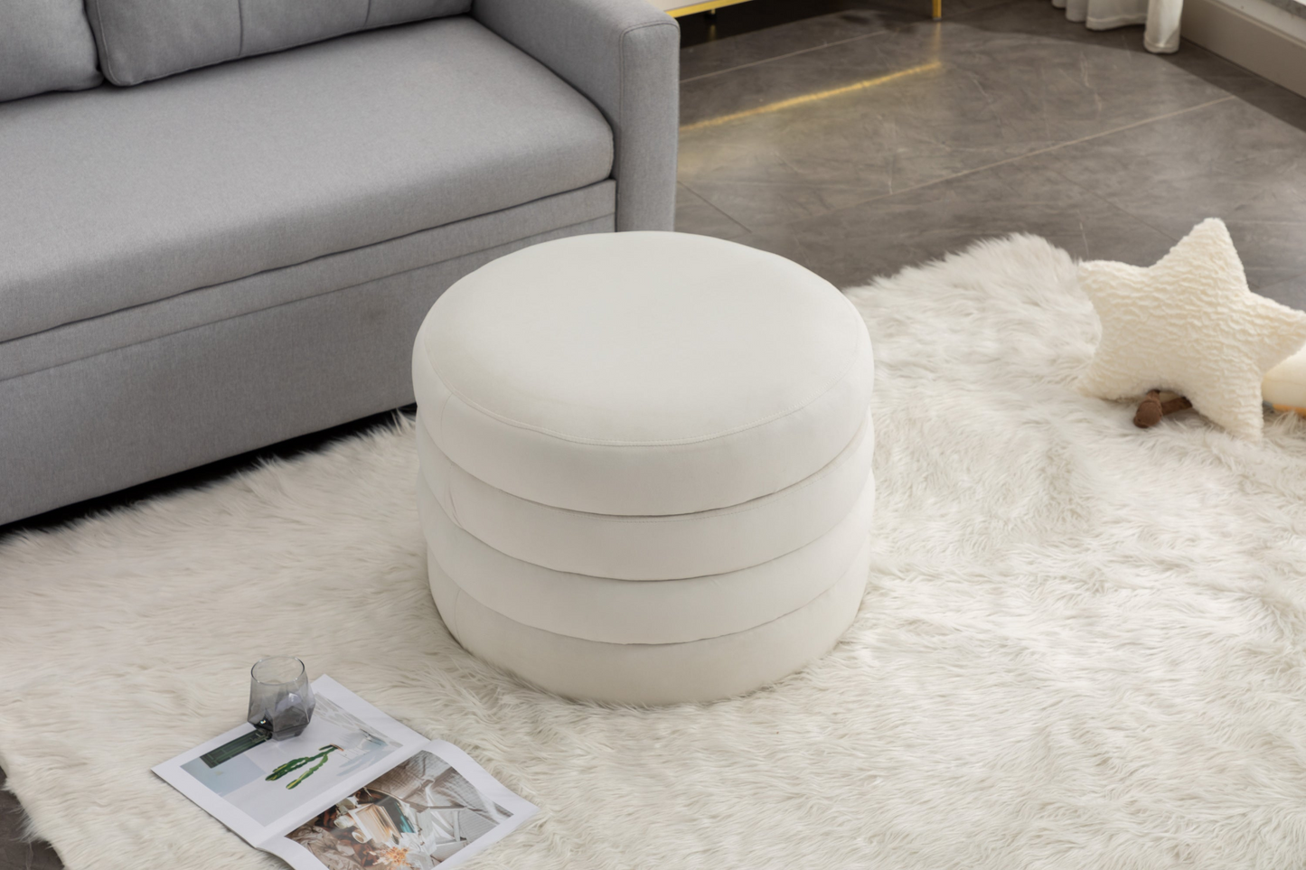 [product_type] | 007-Velvet Fabric Storage Round Ottoman Footstool With Wooden Shelving, Ivory | casafoyer.myshopify.com