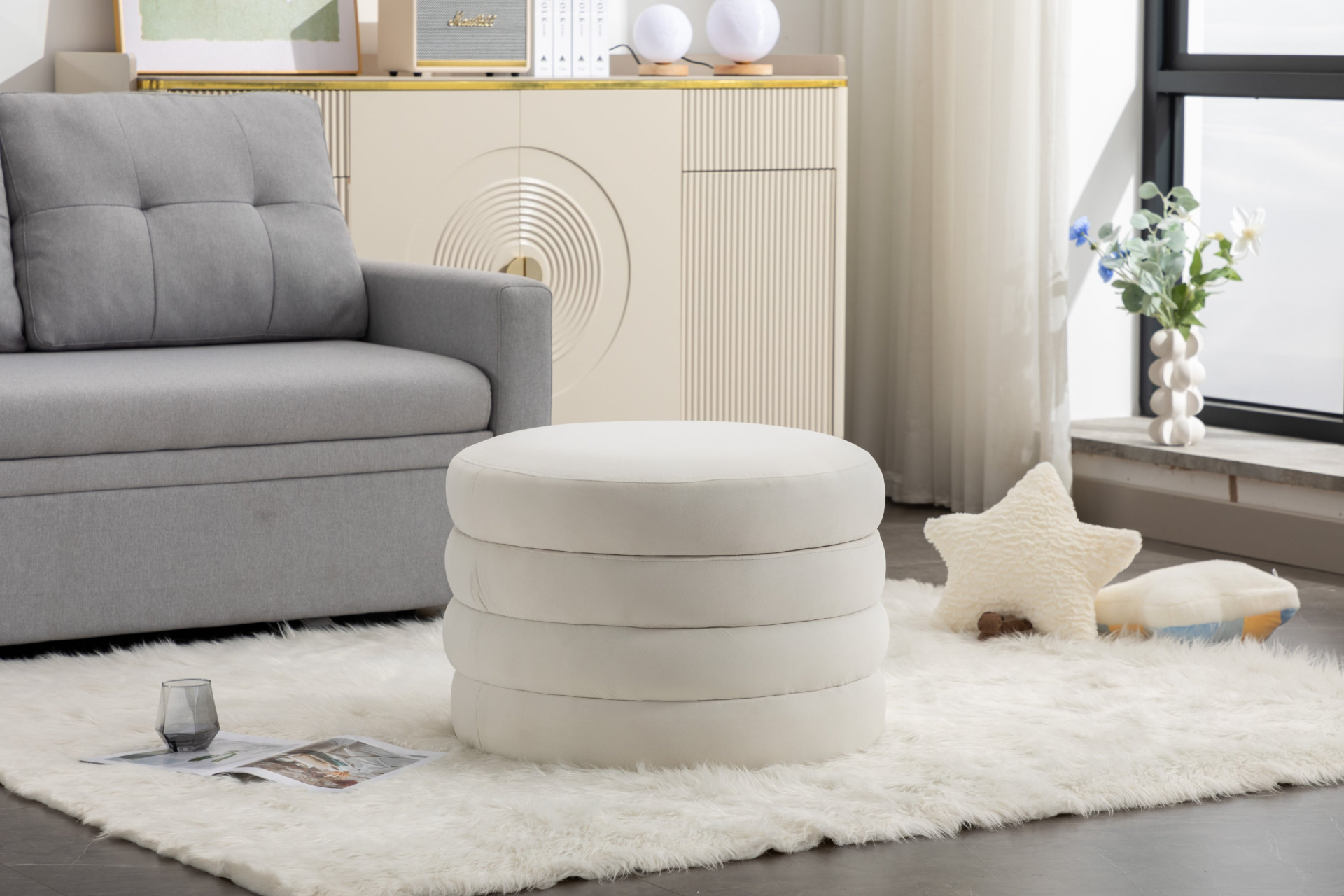 [product_type] | 007-Velvet Fabric Storage Round Ottoman Footstool With Wooden Shelving, Ivory | casafoyer.myshopify.com