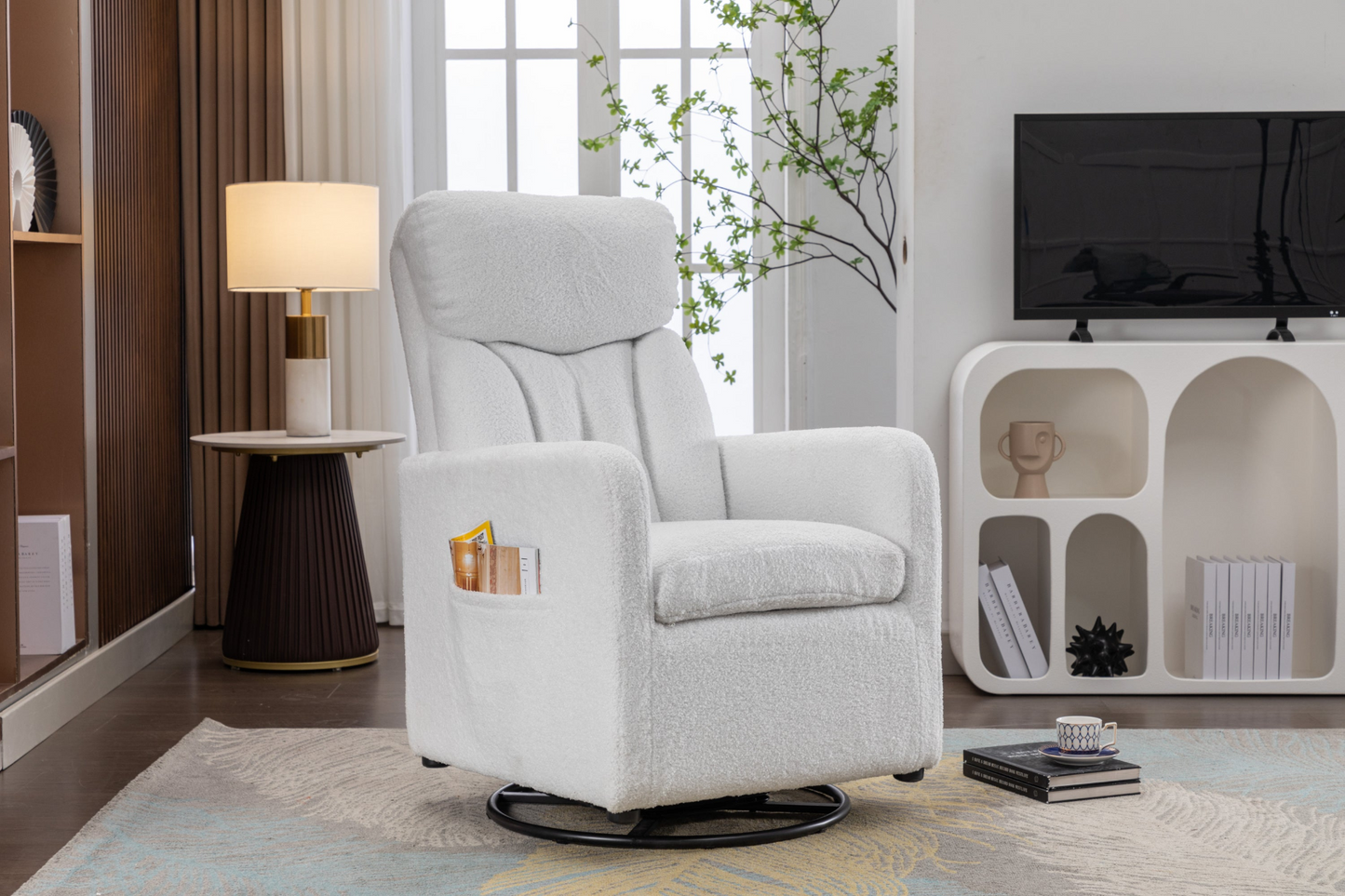 Sofa & Chair sets | Teddy Fabric Swivel Rocking Chair Gilder Chair With Pocket,White | casafoyer.myshopify.com